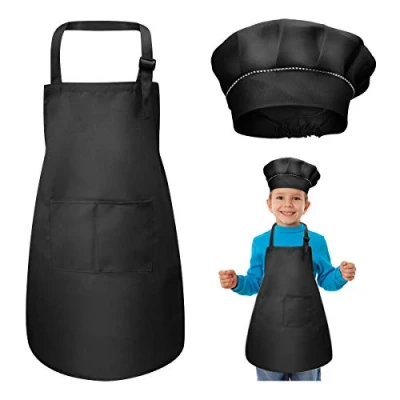 Immagine di WEONE Bambini Grembiule e Cappello da Cuoco Set, Regolabile Bambino Cucina con 2 Tasche per Ragazze Ragazzi, Grembiuli Chef Cucinare Cottura Pittura Artigianato (7 13 Anni) (Nero)