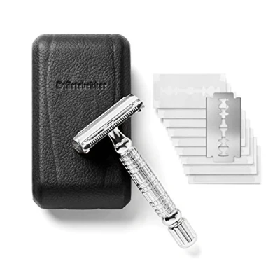 Immagine di Störtebekker® rasoio di Sicurezza in astuccio pelle fatto a mano [con 10 lamette Störtebekker] Set rasatura effetto vintage umido prima qualità barba uomo (Argento Nero)