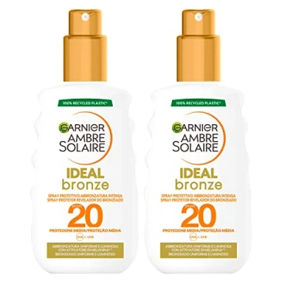 Immagine di Garnier Ambre Solaire Ideal Bronze Spray Solare Protettivo Viso Corpo SPF 20 Protezione Media contro UVA UVB Formula Waterproof con Attivatore di Melanina per Abbronzatura Intensa 2 Flaconi da 200ml