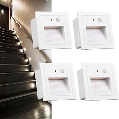Immagine di Arotelicht 4Pcs Segnapasso LED con sensore movimento,Faretto da incasso per scale,IP65 3W,Faretto segnapassi Luce scale Bianco caldo 3000K,in alluminio Bianco,per giardino viale gradini