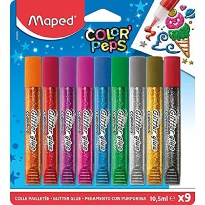 Immagine di Maped Color&#039;Peps Tubi di colla glitterati per bambini, effetto brillantinato, facile da usare, con punta fine, 9 tubetti 10,5 ml, colori assortiti
