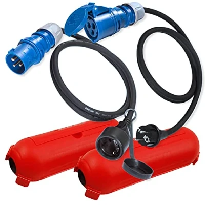 Immagine di IntuiFlex cavo adattatore CEE, spina Schuko, scatola di protezione/scatola per cavi 1,5m, set accessori da campeggio, barca, camper, caravan, in gomma H07RN F 3 x 2,5 mm², 230 V, 16 A, IP44