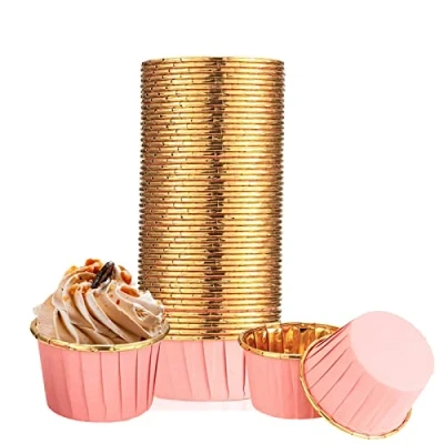 Immagine di Set da 100 Pirottini per Cupcake in Carta Antiaderente con Rivestimento Foglia di Alluminio, Ideali Muffin e Dolci, adatti Feste Compleanno Matrimoni Rosa