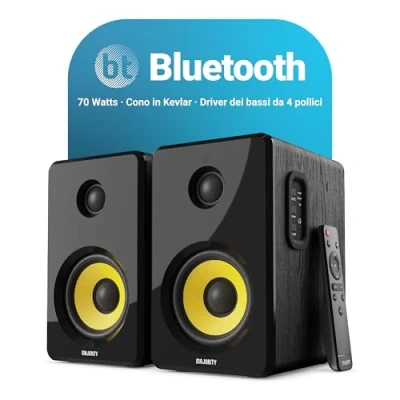 Immagine di MAJORITY Diffusori attivi da scaffale Diffusore HiFi Bluetooth 70 watt, cono dell&#039;altoparlante in Kevlar giallo, suono a 2.0 canali Include telecomando, riproduzione ottica, RCA, USB e Aux D40X