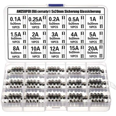 Immagine di 150Pcs 5x20mm Fusibili Vetro Fast Blow Fusibile Termico kit Assortimento （0.1A 0.25A 0.2A 0.5A 1A 1.5A 2A 3A 4A 5A 8A 10A 12A 15A 20A）,Con scatola