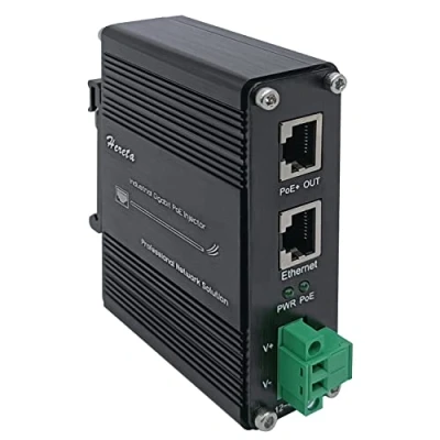 Immagine di Ingresso industriale indurito 12 48VDC dell&#039;iniettore di Gigabit PoE+ con guida DIN e montaggio a parete Collegamento del dispositivo IEEE 802.3 af/at PoE (30W)