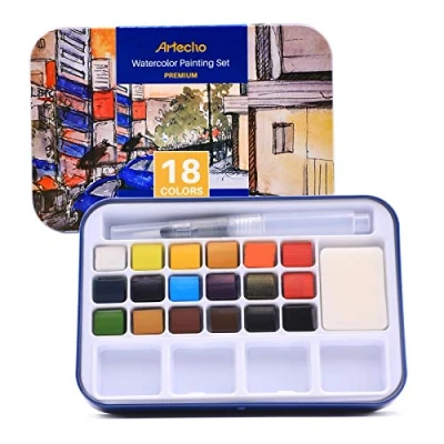Immagine di Artecho Set per Pittura ad Acquerello con 18 Colori Vivaci, tra cui Penna Acqua, Spugna e Tabella dei Vuota Carta Acquerello, Custodia Leggera Portatile