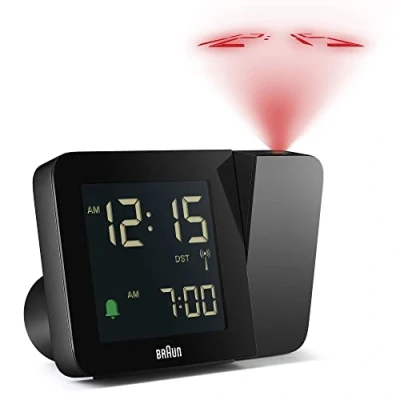 Immagine di Braun Sveglia digitale proiezione, radiocontrollo per fuso orario dell&#039;Europa centrale (DCF), con 4 opzioni di retroilluminazione, display LCD negativo, allarme acustico, nero, modello BC15B DCF