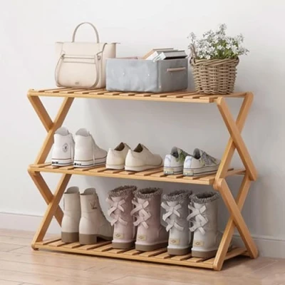 Immagine di Glsety scarpiera a 3 ripiani in bambù, portatile, pieghevole, senza installazione, piccola perfetta per corridoi, camere da letto e piccoli spazi (3 ripiani)