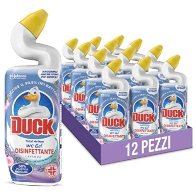 Immagine di Duck WC Gel Disinfettante Liquido per WC, Uccide fino al 99,9% dei batteri, Fragranza Lavanda, Formato Scorta da 12 pezzi
