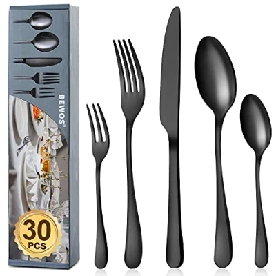 Immagine di BEWOS servizio di posate per 6 persone, set da 30 pezzi nero opaco comprensivo coltello, forchetta, cucchiaio, in acciaio inox, lavabili lavastoviglie