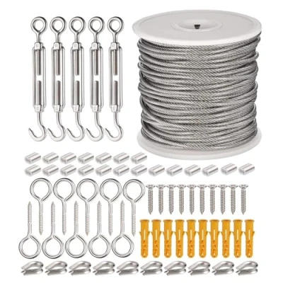 Immagine di JIZZU 66 Pezzi Kit di Ringhiere da Giardino, Fune Metallica Rivestita in PVC, Cavo Acciaio Inox 304, Tenditore a Occhio, Occhiello Espansione Bullone, Ditali, Anelli Crimpatura Alluminio