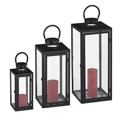 Immagine di Relaxdays Set Lanterne Decorative, per Esterni e Interni, 3 Grandezze Design Moderno, Portacandele in Metallo, Nero