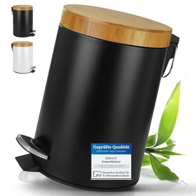 Immagine di HIBATH® Pattumiera da bagno in acciaio inox con coperchio bambù (5 litri, nero) abbassamento automatico Pratica a pedale per WC