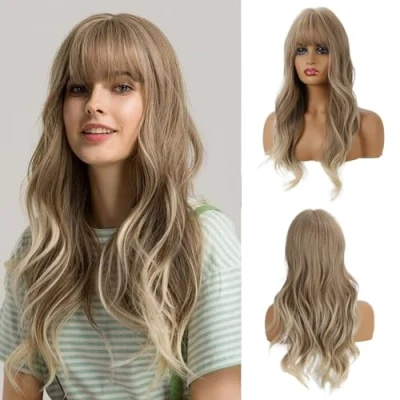 Immagine di OUFEI 24 Pollici Cenere Parrucche Bionde Con Frangetta Per Le Donne Naturale Sintetico Ondulato Capelli Resistenti al Calore Lunghe Usura Quotidiana Partito