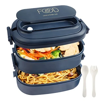 Immagine di OITUGG Lunch Box 2 Strati 1550ml Portapranzo per Adulti ufficio Bento con Scomparti e Posate Contenitori Porta Pranzo Bambini Scuola, Senza BPA, Microonde, 19.2x11.5x12cm, Blu