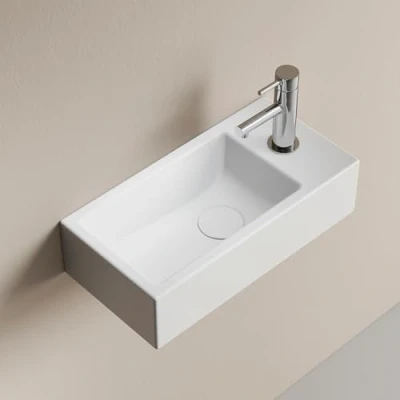 Immagine di EMKE Lavabo sospeso 405 x 205 105 mm compatto ed elegante per piccoli bagni e WC ospiti Rubinetto a destra, installazione parete, bianco lucido