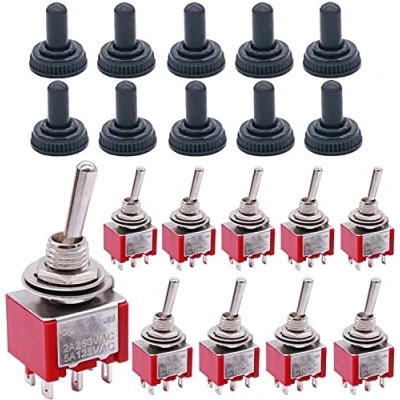 Immagine di mxuteuk Mini interruttore a levetta da 10 pezzi DPDT 2 posizioni 6 pin ON AC 125V 5A con cappuccio impermeabile MTS 202 MZ