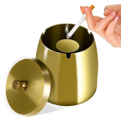 Immagine di Litimkat Posacenere, Posacenere da Esterno, con Coperchio, Base Antiscivolo in Acciaio Inossidabile, Adatto per Casa, Ufficio, Scrivania, Patio, Balcone Esterno (Gold)