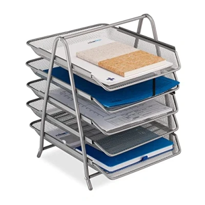 Immagine di Relaxdays Organizer Portadocumenti con 5 Vaschette, Portalettere A4, HLP: 37,5 x 30 35 cm, Rete in Acciaio, Argentato