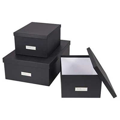 Immagine di Bigso Box of Sweden Scatole con coperchio per oggetti vari portaoggetti camera, bagno e ufficio organizer impilabili in fibra di legno carta Set da 3 grigio scuro