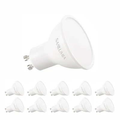 Immagine di Sanlumia 8,6 W LED Faretto attacco GU10 880LM equivalente a 100W alogeno bianco freddo 6400K 100 Ampio angolo di fascio Light Lampada Finitura vetro Confezione da 10 lampadine