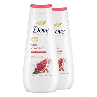 Immagine di DOVE Crema doccia Advanced Care Melograno &amp; Hibiscus Dermatologicamente testato Sensazione di pelle morbida per 24 ore (confezione da 2 x 400 ml)