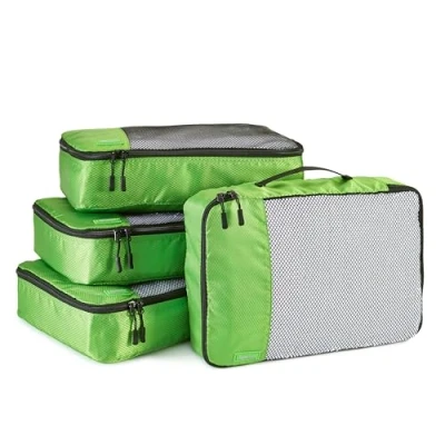 Immagine di Amazon Basics Organizer da Viaggio Salvaspazio per Valigie, con Cerniera, Set 4 Pezzi, Medio, Verde
