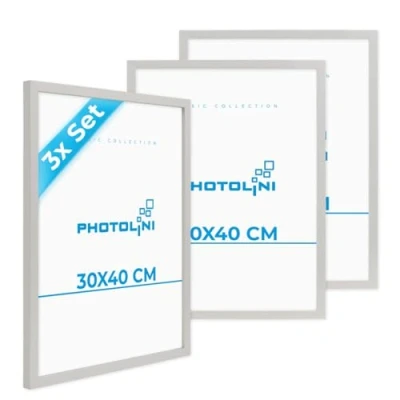Immagine di PHOTOLINI cornici 30x40 cm argento legno MDF, set di 3 per poster, plexiglass infrangibile, da parete, accessori extra inclusi foto, immagini e poster