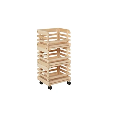Immagine di Inter Link 3 cassette impilabili in legno massiccio naturale cassetta di stoccaggio su ruote, per frutta, verdura Salvaspazio, pratica e versatile 37 x 30 80 cm