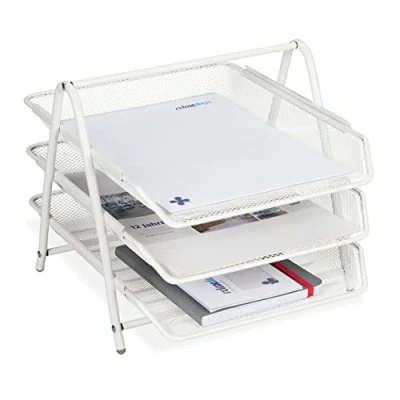 Immagine di Relaxdays Porta Documenti Vaschetta Portadocumenti in Metallo, 3 Vassoio, Design a Griglia, Portalettere A4, 26,5x29,5x35,5 cm, Bianco, Acciaio, 1 pz