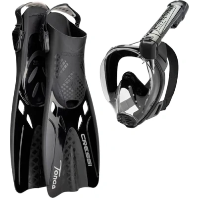 Immagine di CRESSI Baron+Tonga Combo Black/Black L/X Set Maschera Integrale Baron, Ampia Visuale, Sistema Antiappannamento, Facile Respirazione+Pinne Leggere Regolabili Tonga, Nero/Nero. L/XL