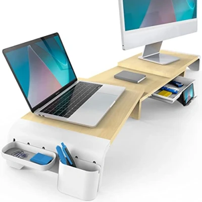 Immagine di Fenge Supporto Monitor Regolabile in Lunghezza e Angolazione per 2 Legno con Cassetto, Scatole Di Stoccaggio Mobili 74 107x 23,5x 8,9cm Colore Quercia G04B1101C
