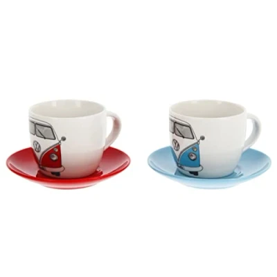 Immagine di Brisa VW Collection Set di tazze da espresso/caffè/tè/cappuccino in ceramica Volkswagen con design T1 Bulli Bus (100 ml) (Rosso &amp; Blu, die 2)