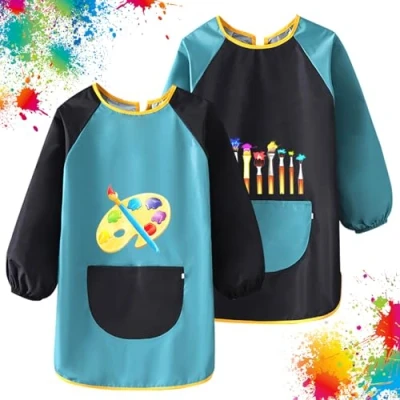 Immagine di VMUTGA 2 Pezzi Grembiule Pittura Bambini, Scuola Elementare Bambino 6 12 Anni Grembiulino Impermeabile Maniche Lunghe con Tasche per Ragazzi Ragazza Dipingere Artigianato Cucina Asilo