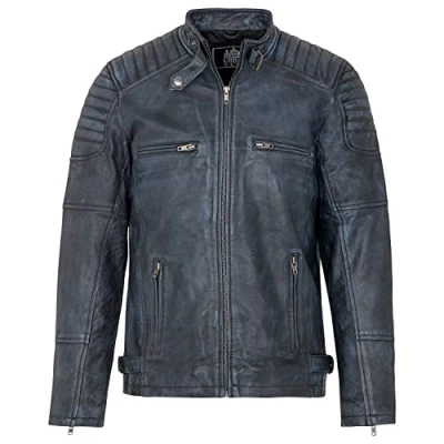 Immagine di URBAN 5884 Giacca Pelle Uomo RALF, Giubbotto in Vera Ovina Stile Biker, Morbido e Resistente, Denim, 4XL