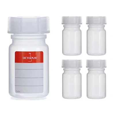 Immagine di 5x flaconi a collo largo da 50 ml in LDPE con chiusura vite, vuoti per prodotti chimici, laboratorio coperchio come contenitore, la cucina, o hobby