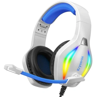Immagine di Krysenix PG1 RGB Gaming Headset per PS4/PC/Xbox/Nintendo Switch, PS5 con microfono, cuffie da gioco a cancellazione di rumore jack 3,5 mm, bianco/blu