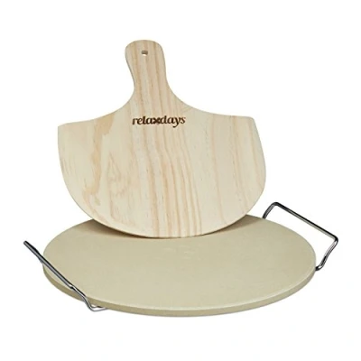 Immagine di Relaxdays Pietra Refrattaria, per Pizza, Set con Pala in Legno, Cordierite Rotonda, HLP: 4 x 32 cm, colore naturale
