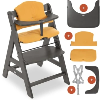 Immagine di hauck Seggiolone Alpha Plus con Vassoio in Legno, Cinture e Cuscino Pappa Legno a Partire da 6 Mesi, Fino 90 kg Carbone, Miele