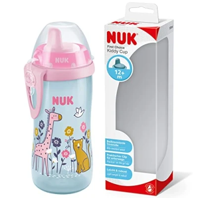 Immagine di NUK First Choice Kiddy Cup 10255669 Tazza per imparare a bere, 12 mesi, prova di perdite, resistente ai morsi, con clip e tappo protettivo, 300 ml, senza BPA, giraffa (rosa)