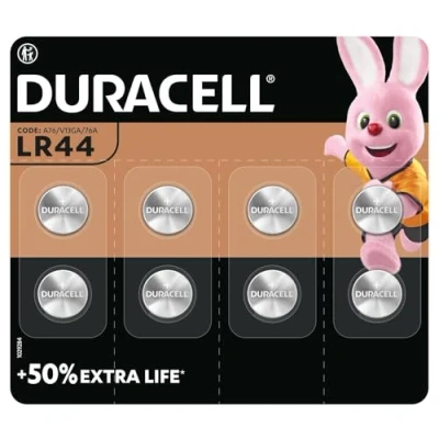 Immagine di Batterie DURACELL LR44 (confezione da 8) (A76) Pile alcaline specialistiche 1,5 V +50% EXTRA DURATA Per l’utilizzo in termometri digitali, calcolatrici, torce, orologi polso