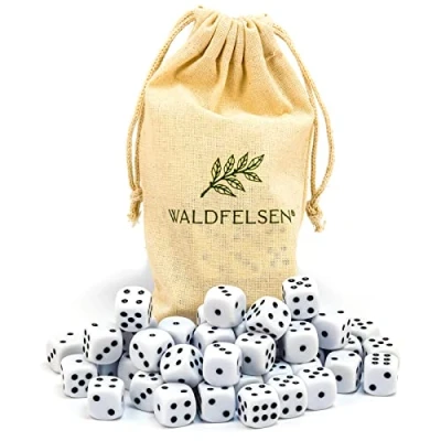 Immagine di Waldfelsen 6, 12, 20, 30 o 50 dadi di alta qualità, dimensioni standard 16 mm, acrilici, da gioco, 6 lati, set accessori gioco con sacchetto stoffa (bianco, pezzi)