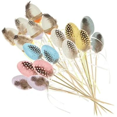 Immagine di com four® 18x Tappi per Fiori Pasqua Uova di Colorate con Piume Decorazioni pasquali (18 Pezzi Colorati)