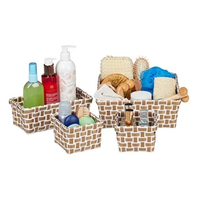 Immagine di Relaxdays Cestini Bagno Portaoggetti, Set 4 Organizer Universali Design Intrecciato, Box Salvaspazio, Bianco Marrone