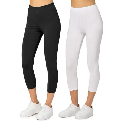Immagine di Merry Style Leggings Donna 3/4 Pantaloni Capri Morbidi e Confortevoli Leggins in Cotone Traspirante Elastici Delicati sulla Pelle Sensibile (2 Pack) MS10 199 (Nero/Bianco, XL)