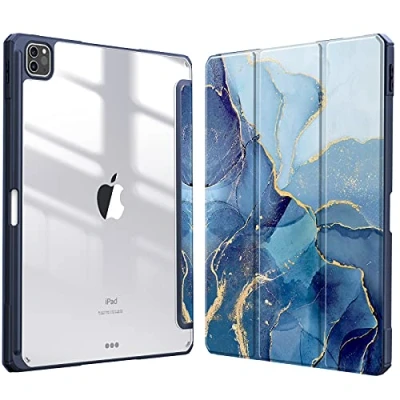 Immagine di FINTIE Custodia per iPad Pro 12.9&quot; (6a Generazione 2022) [Built in Pencil Holder] Antiurto Sottile Case Posteriore Trasparente Cover 2021/2020/2018, Ocean Marble