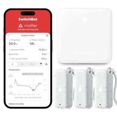 Immagine di SwitchBot Termometro Wi Fi Igrometro 3 Pezzi con Hub Mini, IP65 Impermeabile Sensore di Temperatura/Umidità Interno Esterno Notifica App e Archiviazione Dati Gratuita, Supporta Alexa