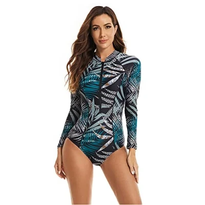 Immagine di BEACHKINI Costume Intero per Donna da Bagno a Triangolo Maniche Lunghe con Zip Frontale,38 Blu,S