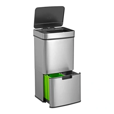 Immagine di WELL HOME Cestino per rifiuti 67L (42L+25L), con 2 scomparti, apertura automatica sensore, in acciaio inox, cromato
